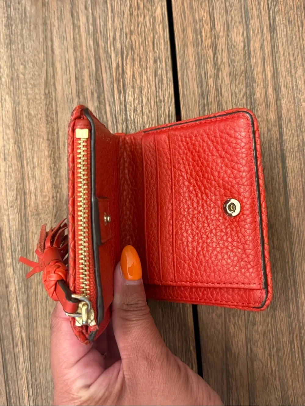 Tory Burch Coral-Red Pebbled Leather Zip Card Holder